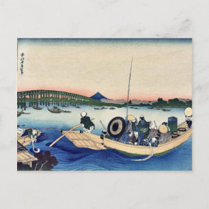 Cartão Postal Sunset através da ponte por Katsushika,Hokusai