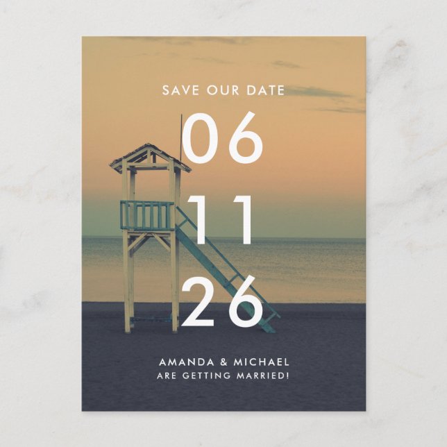 Cartão Postal Sunset Beach Wedding Save the Date (Frente)