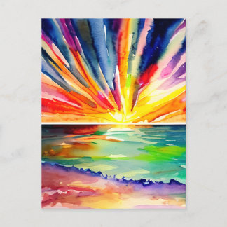 Cartão Postal Sunset Colorido sobre a Arte das Aquarelas do Ocea