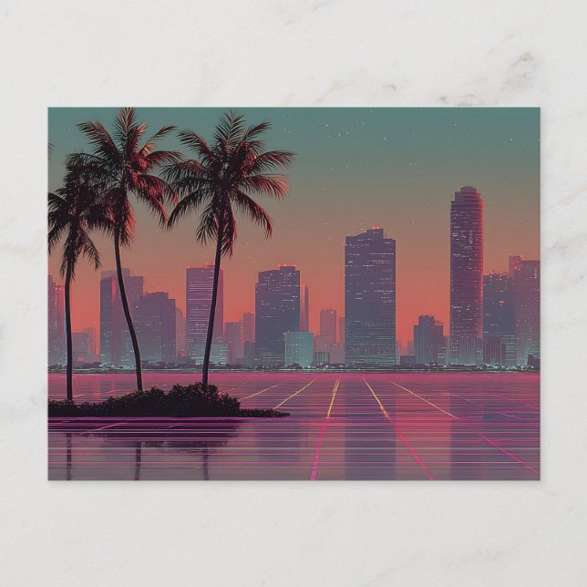 Cartão Postal Sunset de paisagem digital de onda digital retrora (Frente)