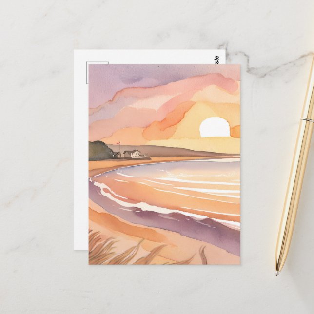 Cartão Postal Sunset de praia | Linda pintura em aquarela (Frente/Verso In Situ)