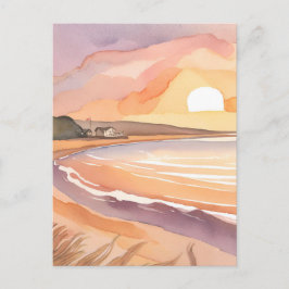 Cartão Postal Sunset de praia | Linda pintura em aquarela