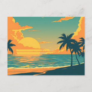 Cartão Postal Sunset de Praia Tropical Retro