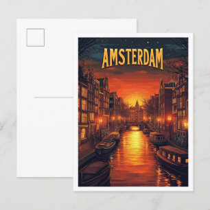Cartão Postal Sunset na Viagens vintage de Amsterdã nos Países B