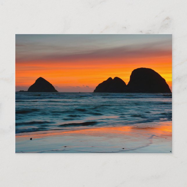 Cartão Postal Sunset, Sea Stacks, Oceanside, Oregon, EUA (Frente)