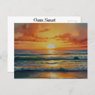 Cartão Postal Sunset Sunrise Ocean Beach Colorida Watercolor Art
