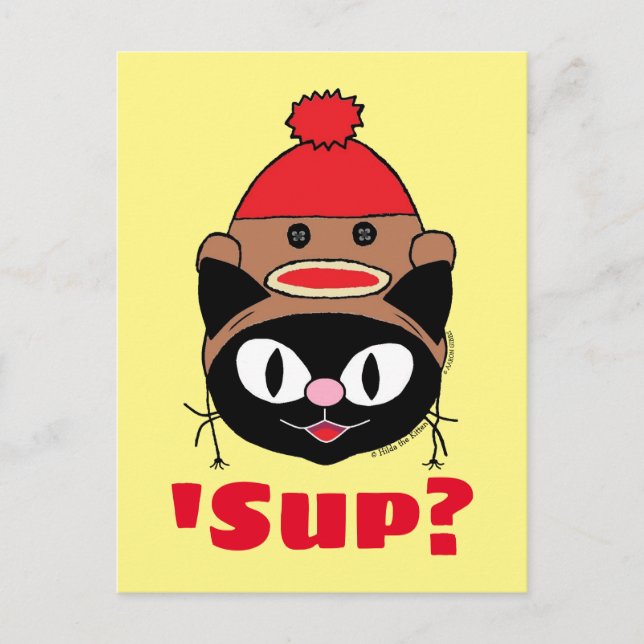 Cartão Postal Sup? Cartaz do Cat Sock Monkey Hat (Frente)