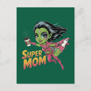 Cartão Postal Super Mãe Heroína Alien Chibi Vetor Cartoon