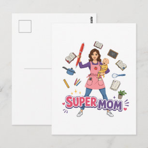 Cartão Postal Super Mãe Multitarefa Mãe Design Cartoon