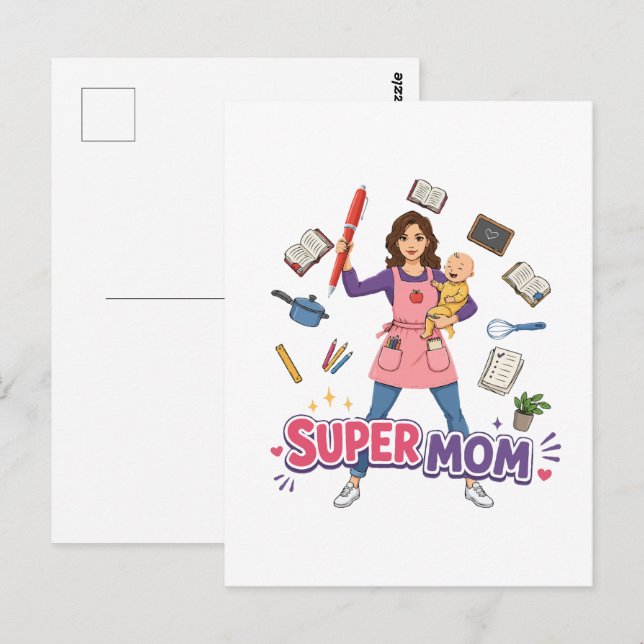 Cartão Postal Super Mãe Multitarefa Mãe Design Cartoon (Frente/Verso)