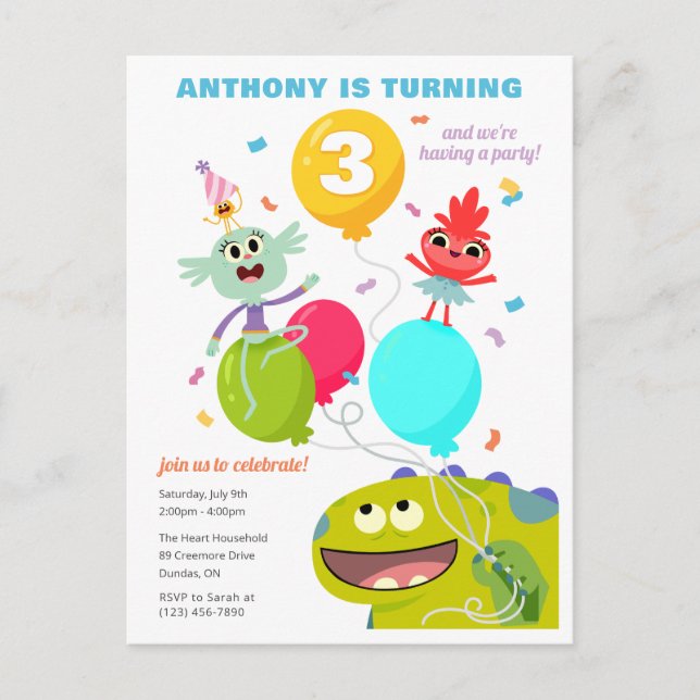 Cartão Postal Super Simples | Aniversário Confete do Rhymington (Frente)