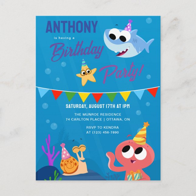 Cartão Postal Super Simples | Finny o Tubarão Festa de Aniversár (Frente)