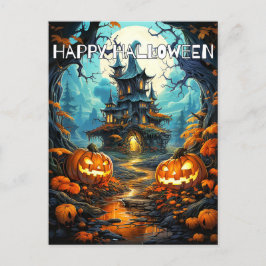 Cartão Postal Super Spooky Haunted House & Pumpkins
