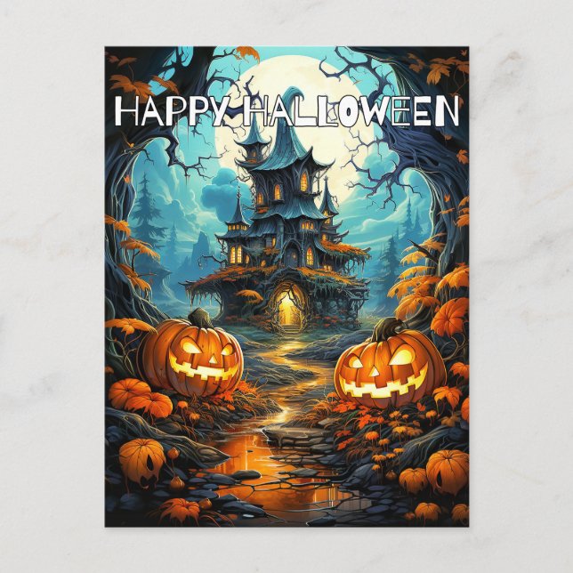 Cartão Postal Super Spooky Haunted House & Pumpkins (Frente)