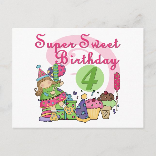 Cartão Postal Super Sweet 4th Birthday T-shirts e presentes (Frente)