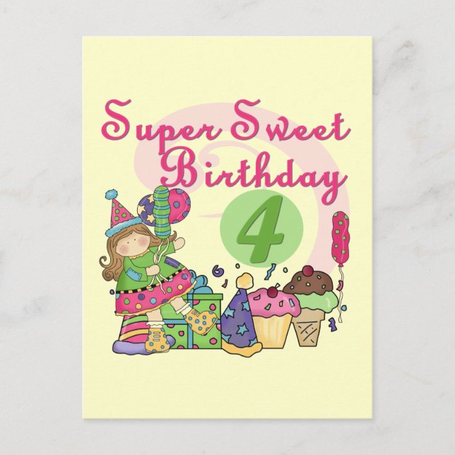 Cartão Postal Super Sweet 4th Birthday T-shirts e presentes (Frente)