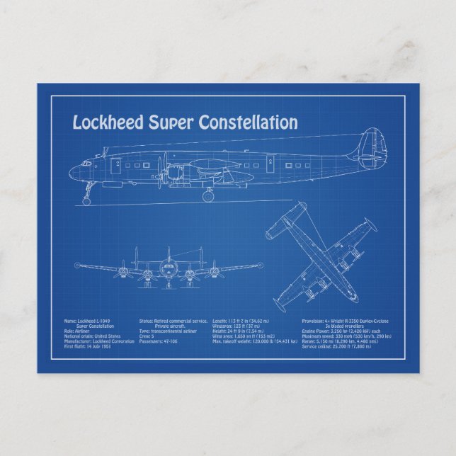Cartão Postal Superconstelação L-1049 Lockheed - Planos AD (Frente)