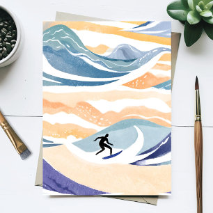 Cartão Postal Surfar na Onda   Oceano de Aquarela Contemporânea