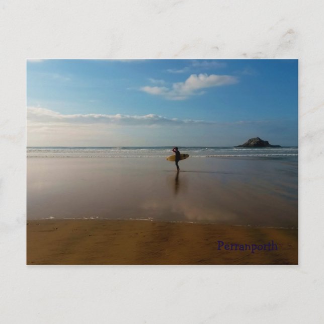 Cartão Postal Surfer em Perranporth Beach Cornwall Inglaterra (Frente)
