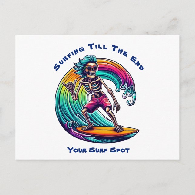 Cartão Postal Surfista De Esqueleto Andando Uma Onda (Frente)
