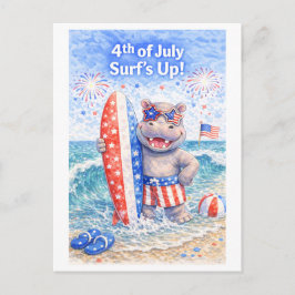 Cartão Postal Surfista no Dia da Independência 4 de Julho Hipopó