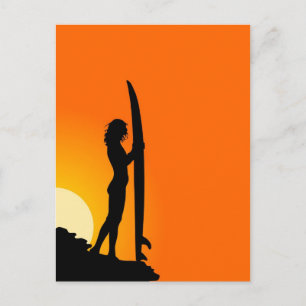 Cartão Postal Surfista Sunset Girl com surfboard