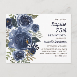 Cartão Postal Surpresa de 75 anos de idade Azul naval Floral Aqu