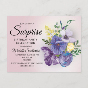 Cartão Postal Surpresa Floral de Aquarela Roxa para Aniversário