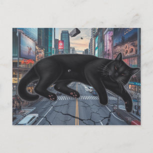 Cartão Postal Surreal Black Cat Blocks City Street