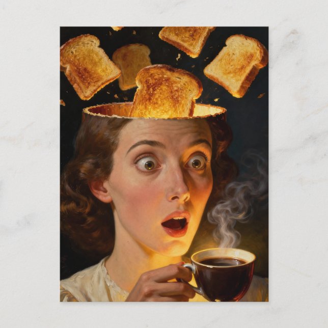 Cartão Postal Surreal Breakfast Toast and Coffee Woman  (Frente)