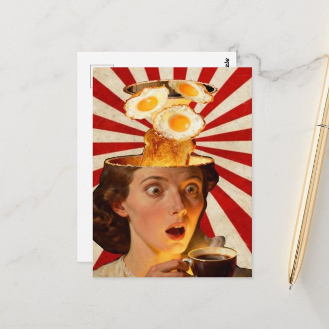 Cartão Postal Surreal Breakfast Toast and Coffee Woman Red White (Frente/Verso In Situ)