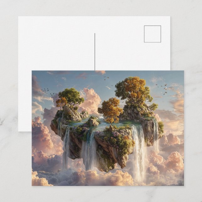 Cartão Postal Surreal Floating Cliffs With Waterfalls (Frente/Verso)