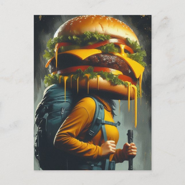 Cartão Postal Surreal Hiker Cheeseburger Head (Frente)