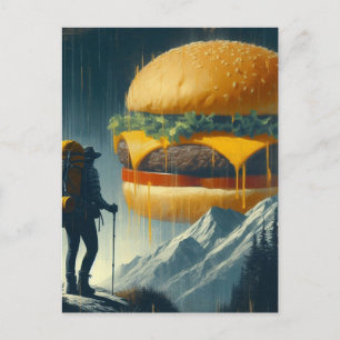 Cartão Postal Surreal Hiker Giant Cheeseburger sobre Montanhas