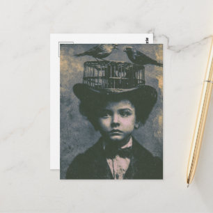 Cartão Postal Surreal Preto e Branco Pássaro Caged e Criança Ret