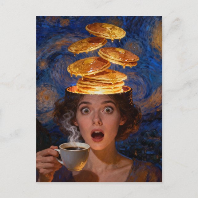 Cartão Postal Surreal Surprised Breakfast Pancakes Coffee Woman  (Frente)
