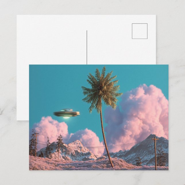 Cartão Postal Surreal UFO and Palm Tree Mountain Scene (Frente/Verso)