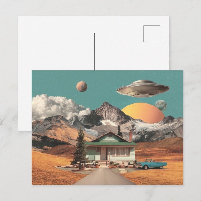 Cartão Postal Surreal UFO Over Rustic House (Frente/Verso)