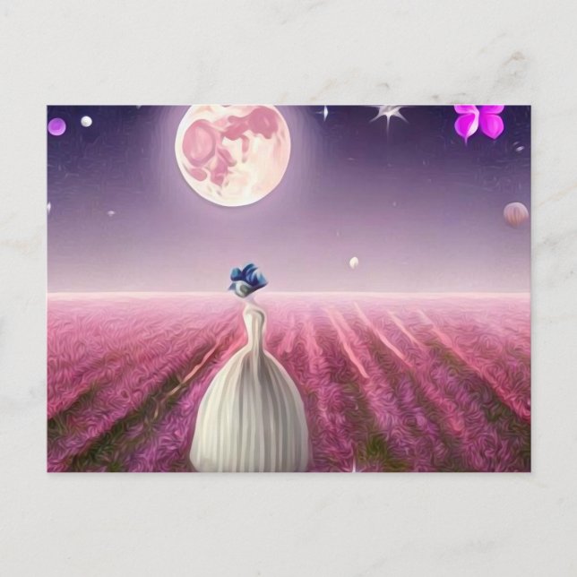 Cartão Postal Surreal Vintage Pink Field Bril & Moon (Frente)