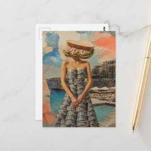 Cartão Postal Surrealista senhora abstrata sanduíche de salada d