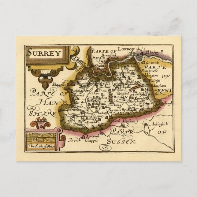 Cartão Postal Surrey County England Antigo Mapa Atlas Antiquário (Frente)