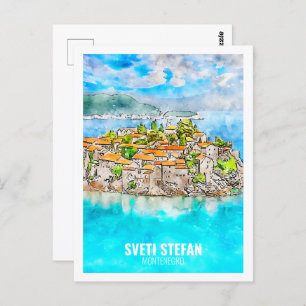 Cartão Postal Sveti Stefan Montenegro Viagem Watercolor Sketch