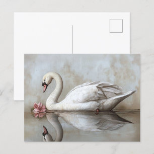 Cartão Postal Swan com uma pintura de flor rosa pincelada