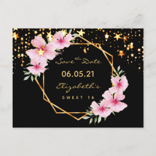 Cartão Postal Sweet 16 Save the Date black gold stars rosa