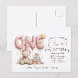 Cartão Postal Sweet First Birthday Invitation with Teddy Bear 