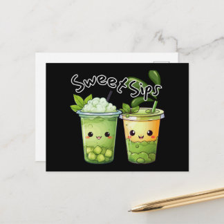 Cartão Postal Sweet Sips Kawaii Duo de Chá de Bolha
