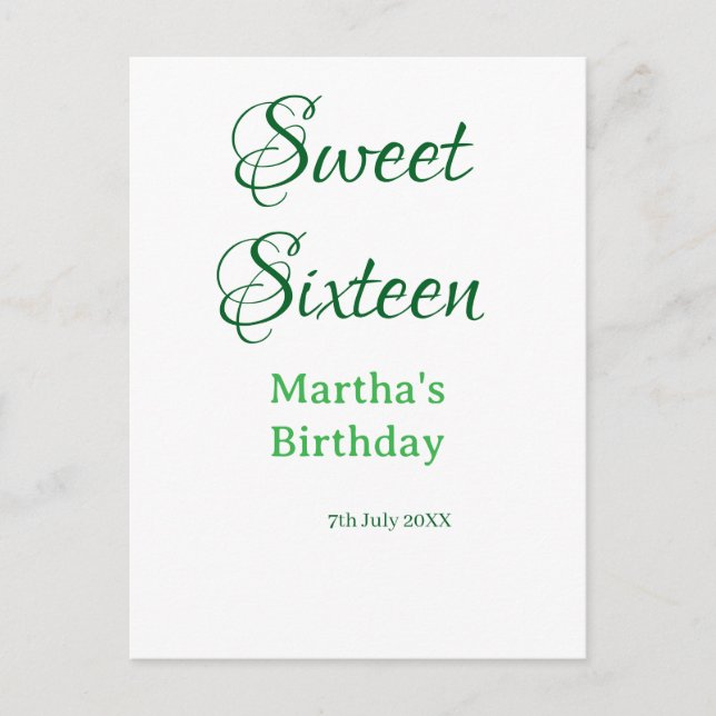 Cartão Postal Sweet Sixteen green name date calligraphy boho ret (Frente)