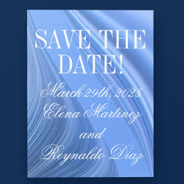 Cartão Postal Swirling Blue Satin Wedding Save-the-Date