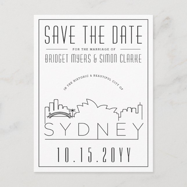 Cartão Postal Sydney Wedding Deco Skyline Salve a Data (Frente)