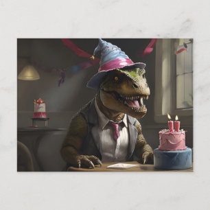 Cartão Postal T-rex com chapéu de aniversário
